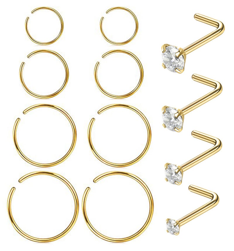 Masedy Nose Rings 12Pcs 20G 316L Stainless Steel L Shaped Nose Studs Cartilage Tragus Septum Piercing Gold - Image 1